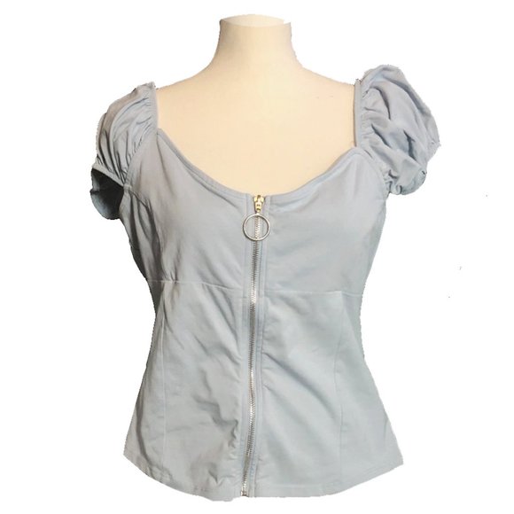 Venus Cap Sleeve Front Zipper Top in Light Blue - Picture 2 of 6
